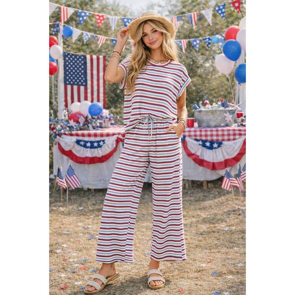 NEW SEWN AND SEEN 4th of july americana ribbed striped lounge set in blue